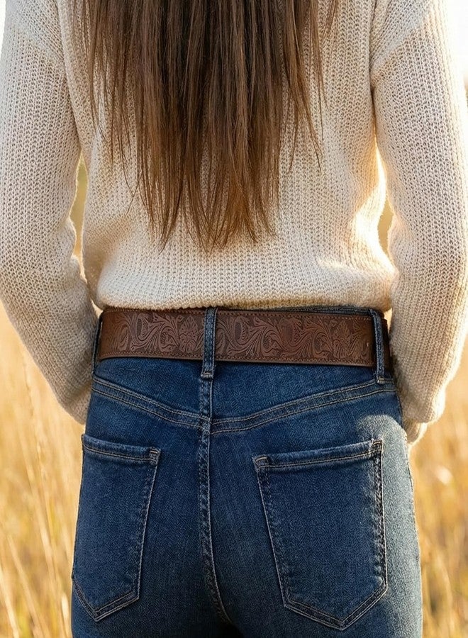 BC Belts حزام نسائي من الجلد من بي سي بيلتس، مزين بنقوش زهور غربية بارزة، عرضه 1.5 بوصة، مزود بأزرار كبس (بني - صغير) - Image 2
